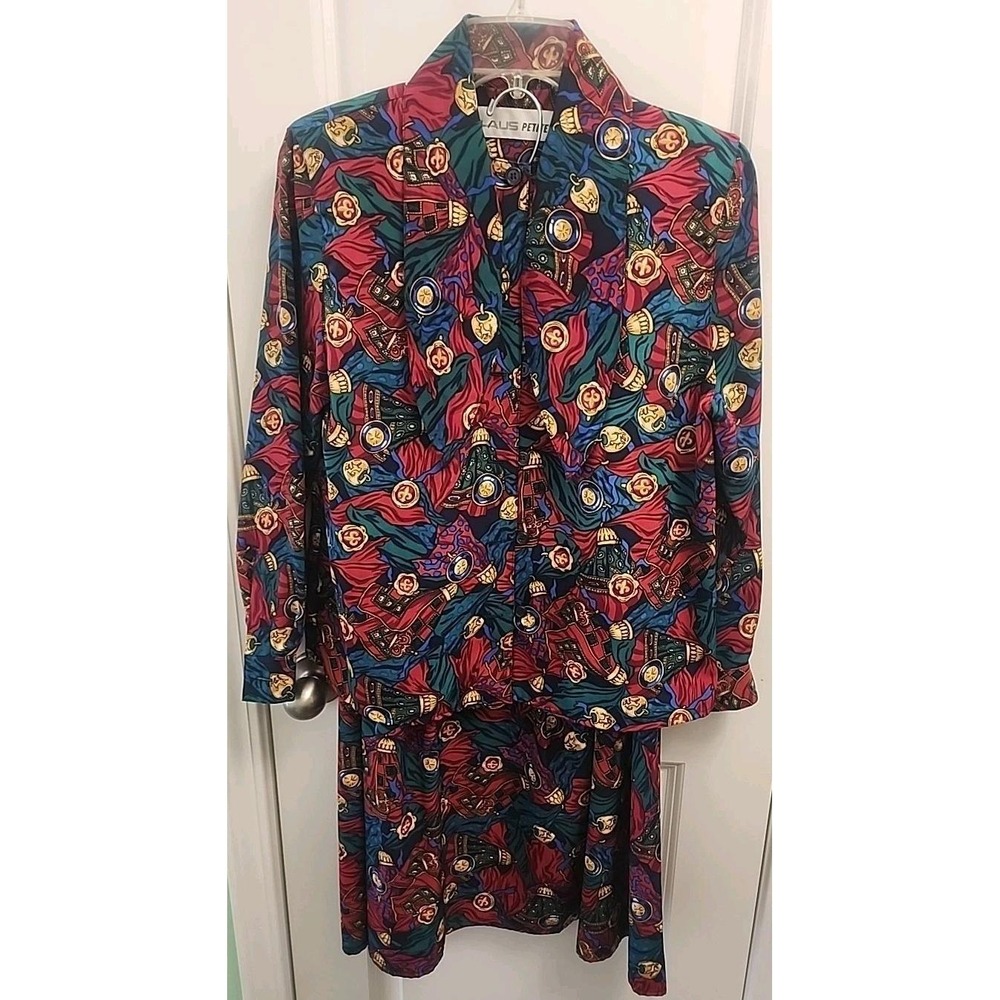 CHAUS Petite Vintage 80s Women's 6 Skirt & Button Blouse Set Outfit Red Blue